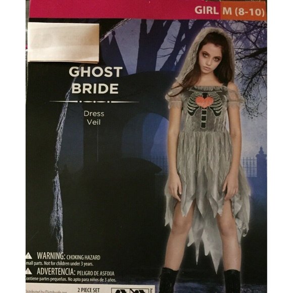 Ghost Bride Halloween Costume Girls M Spooky Skeleton Heart Dress Gothic Cosplay - Picture 7 of 9